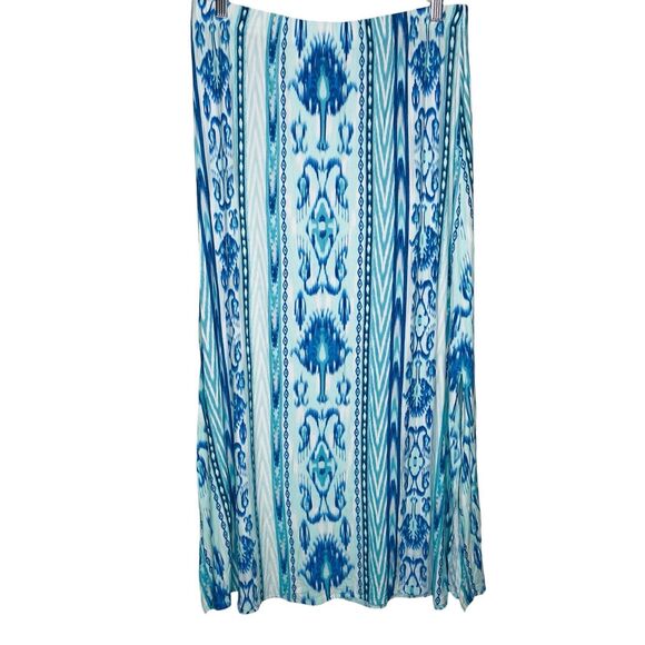 Chico’s Maxi Skirt Size 12/14 Abstract Boho Festival Stretch Blue Hippie Slits - Picture 1 of 8